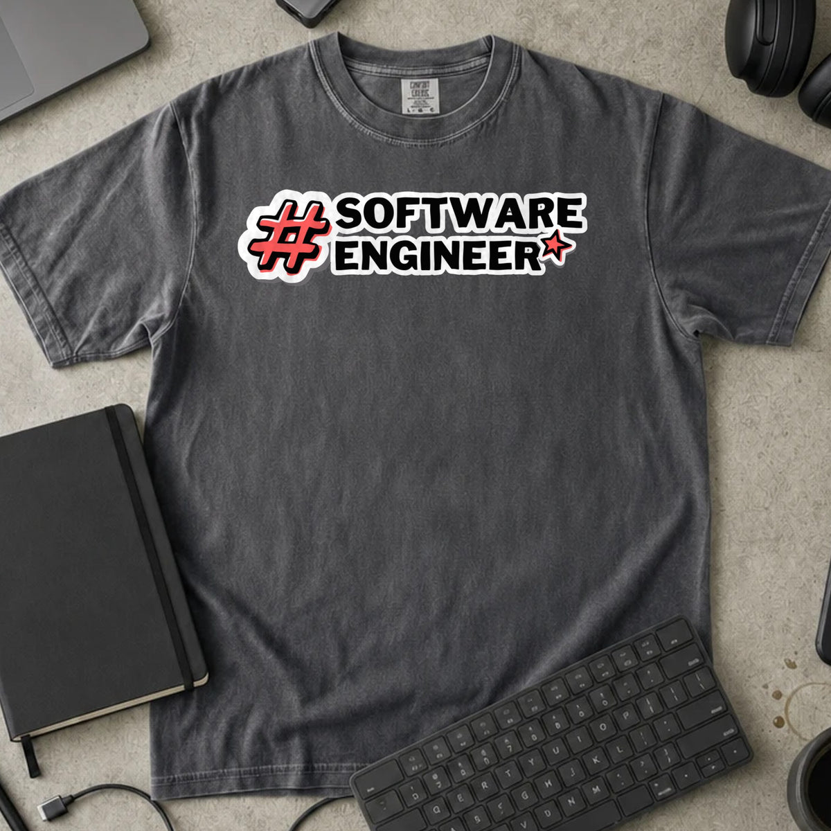 Software Engineer Hashtag Shirt in Pepper, Comfort Colors 1717 tee flat lay