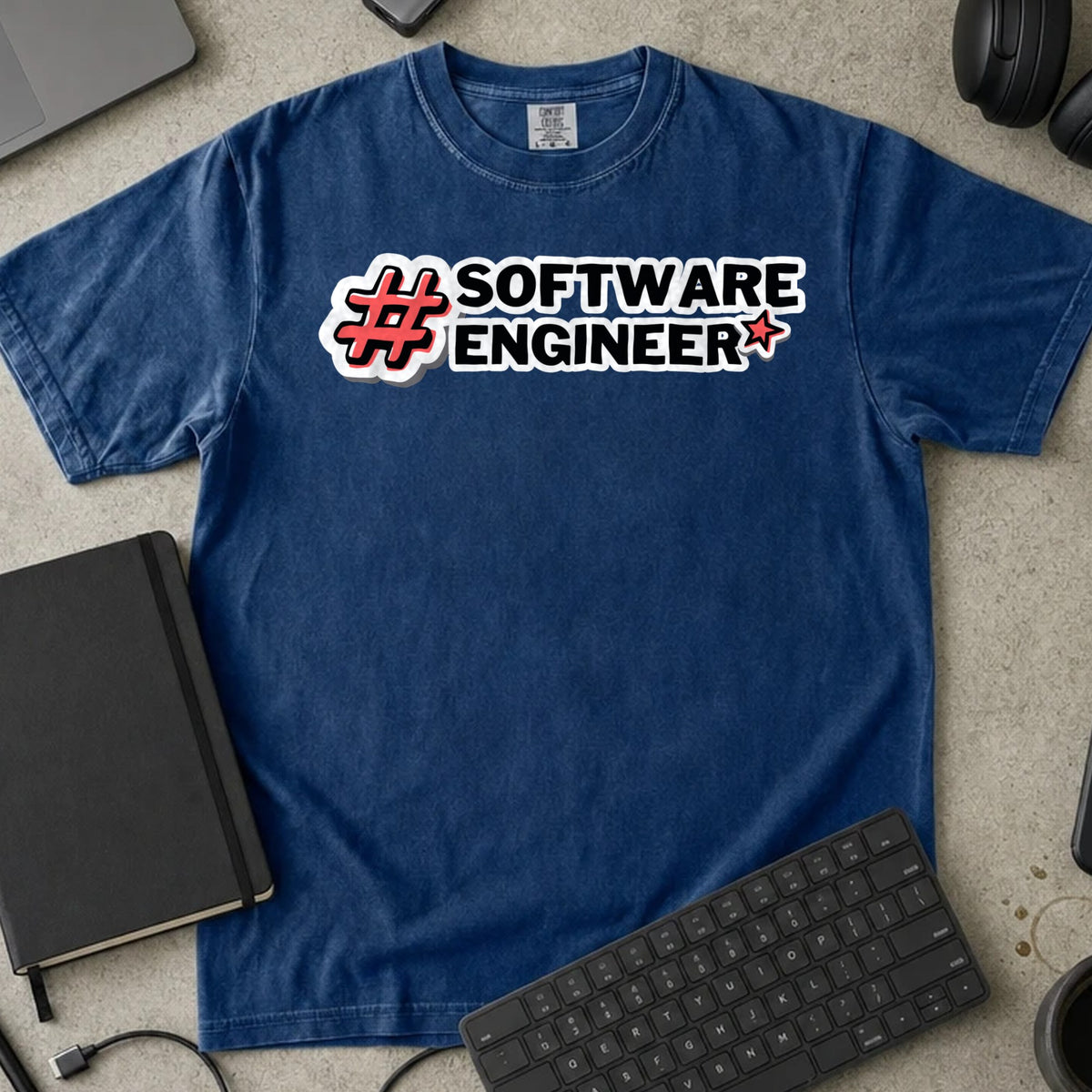 Software Engineer Hashtag Shirt in True Navy, Comfort Colors 1717 tee flat lay