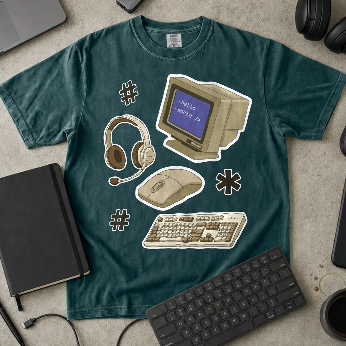 Retro Hello World Computer Shirt in Blue Spruce, Comfort Colors 1717 tee flat lay