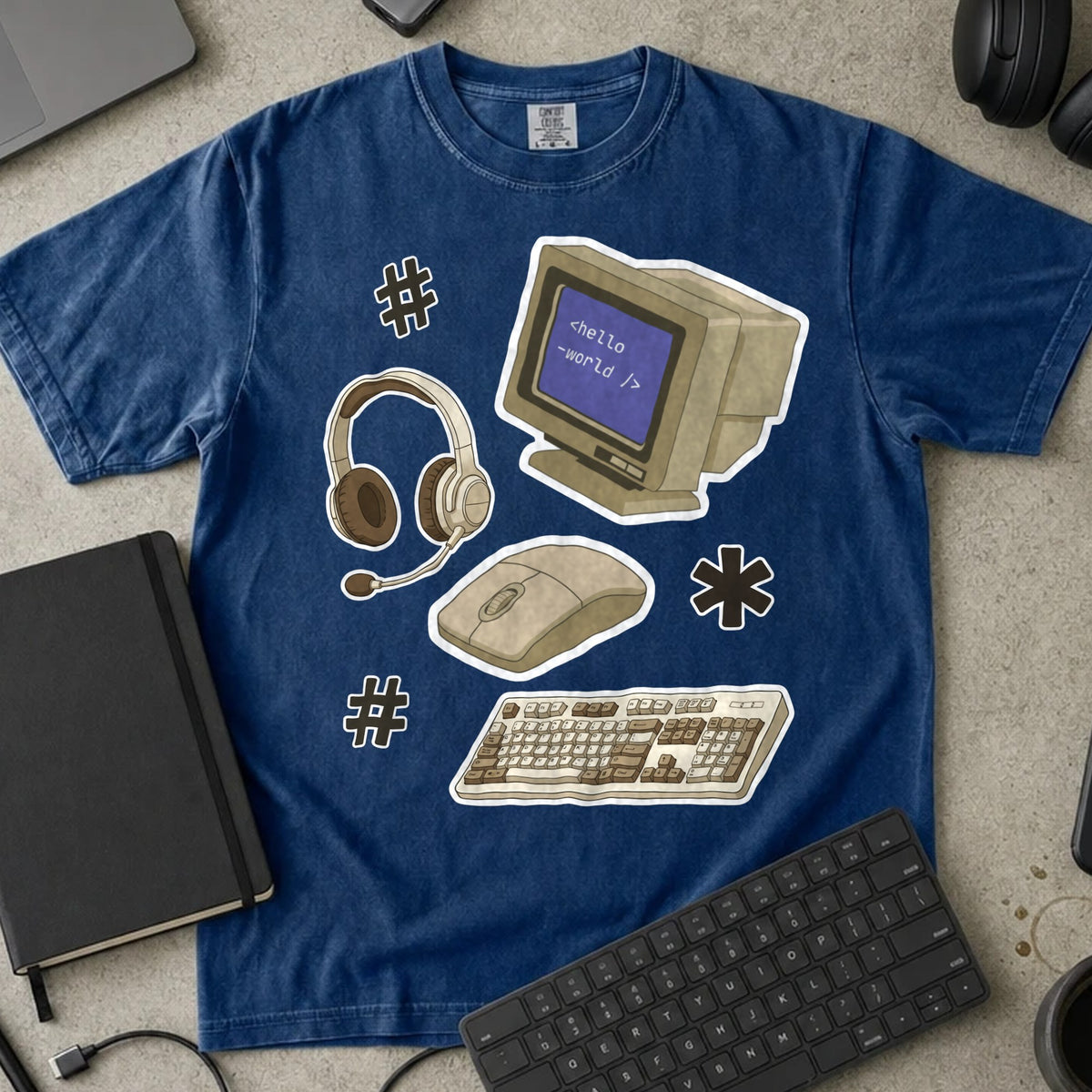 Retro Hello World Computer Shirt in True Navy, Comfort Colors 1717 tee flat lay