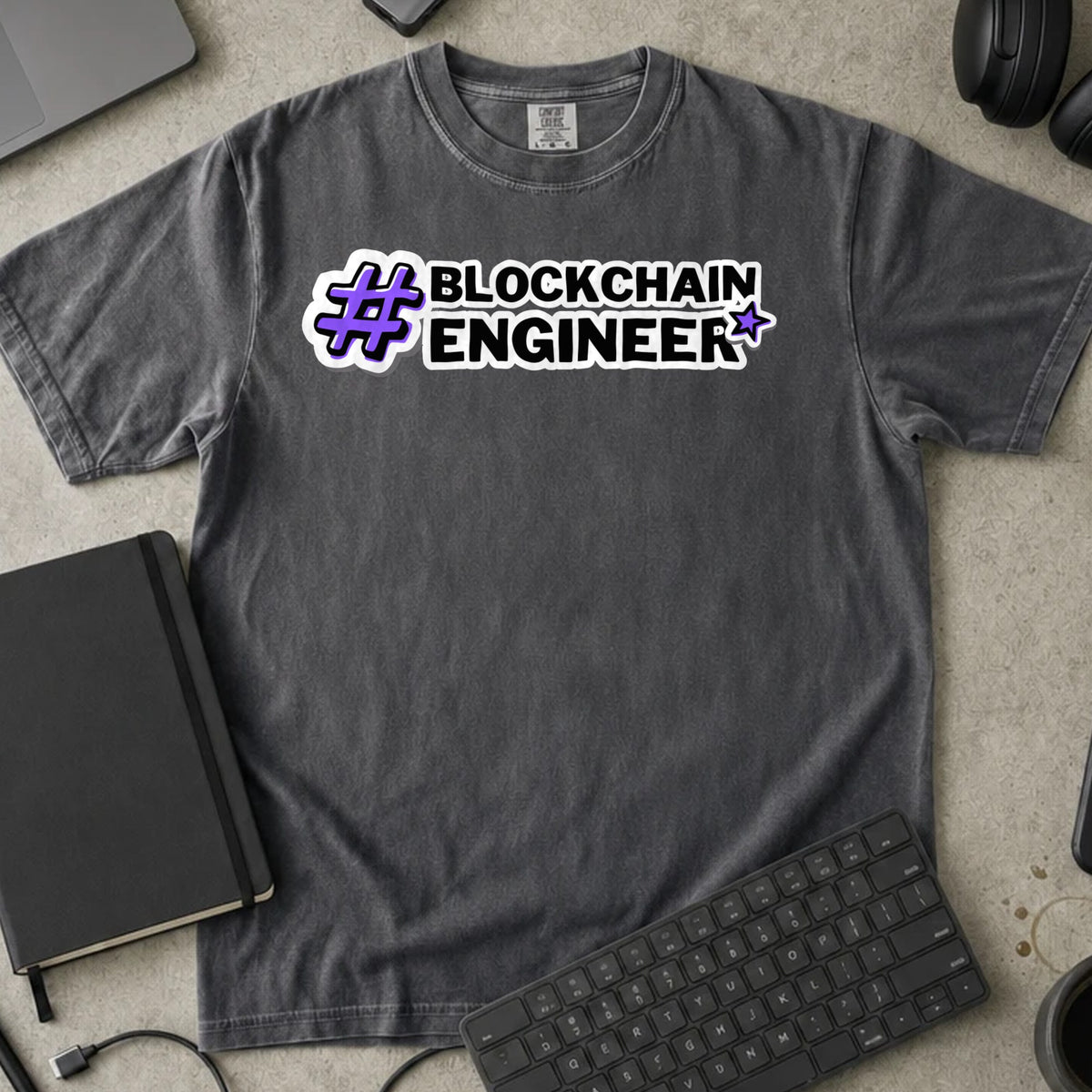 Blockchain Engineer Hashtag Shirt in Pepper, Comfort Colors 1717 tee flat lay