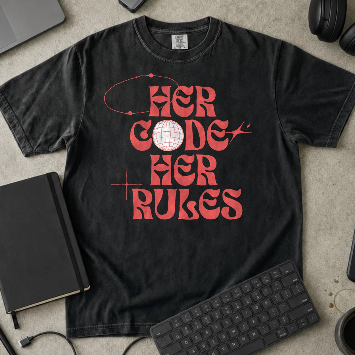 Her Code Her Rules Shirt in Black, Comfort Colors 1717 tee flat lay