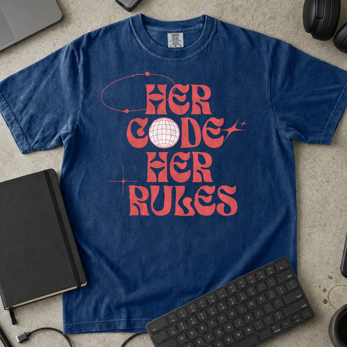 Her Code Her Rules Shirt in True Navy, Comfort Colors 1717 tee flat lay