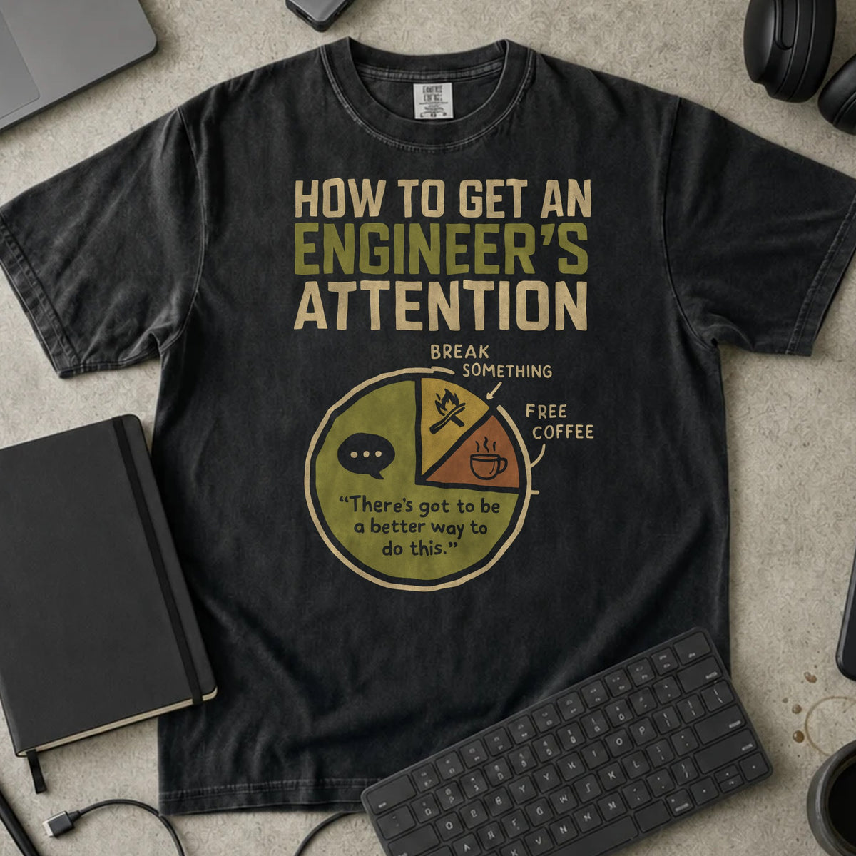 How to Get an Engineer's Attention Shirt in Black, Comfort Colors 1717 tee flat lay