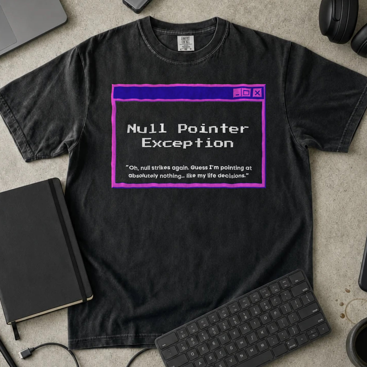Null Pointer Exception Shirt in Black, Comfort Colors 1717 tee flat lay