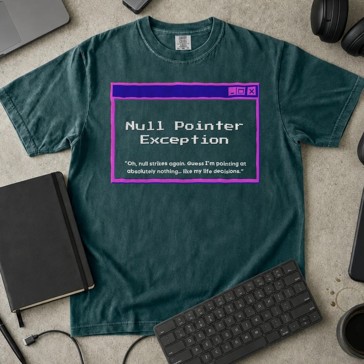 Null Pointer Exception Shirt in Blue Spruce, Comfort Colors 1717 tee flat lay