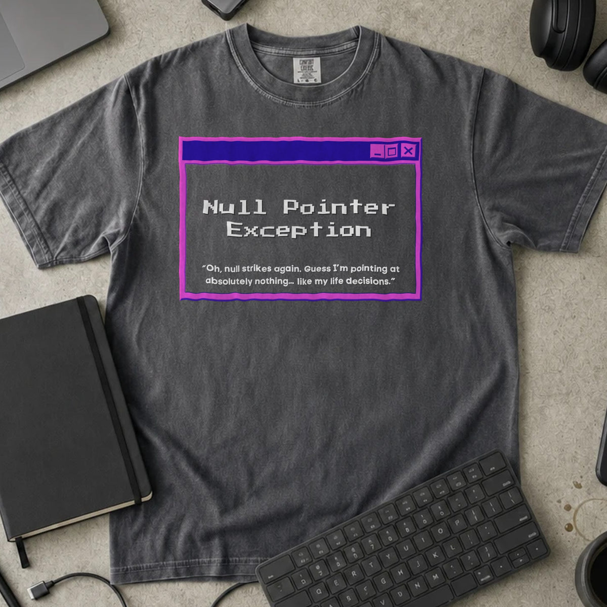 Null Pointer Exception Shirt in Pepper, Comfort Colors 1717 tee flat lay