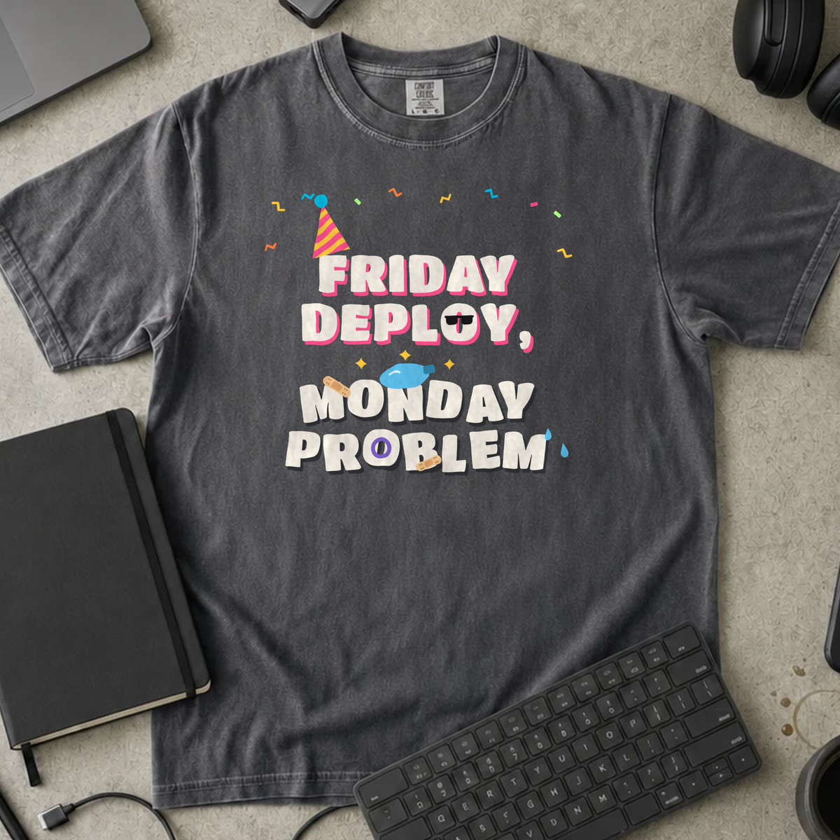 Friday Deploy Monday Problem Shirt — Pepper Comfort Colors 1717 flat lay