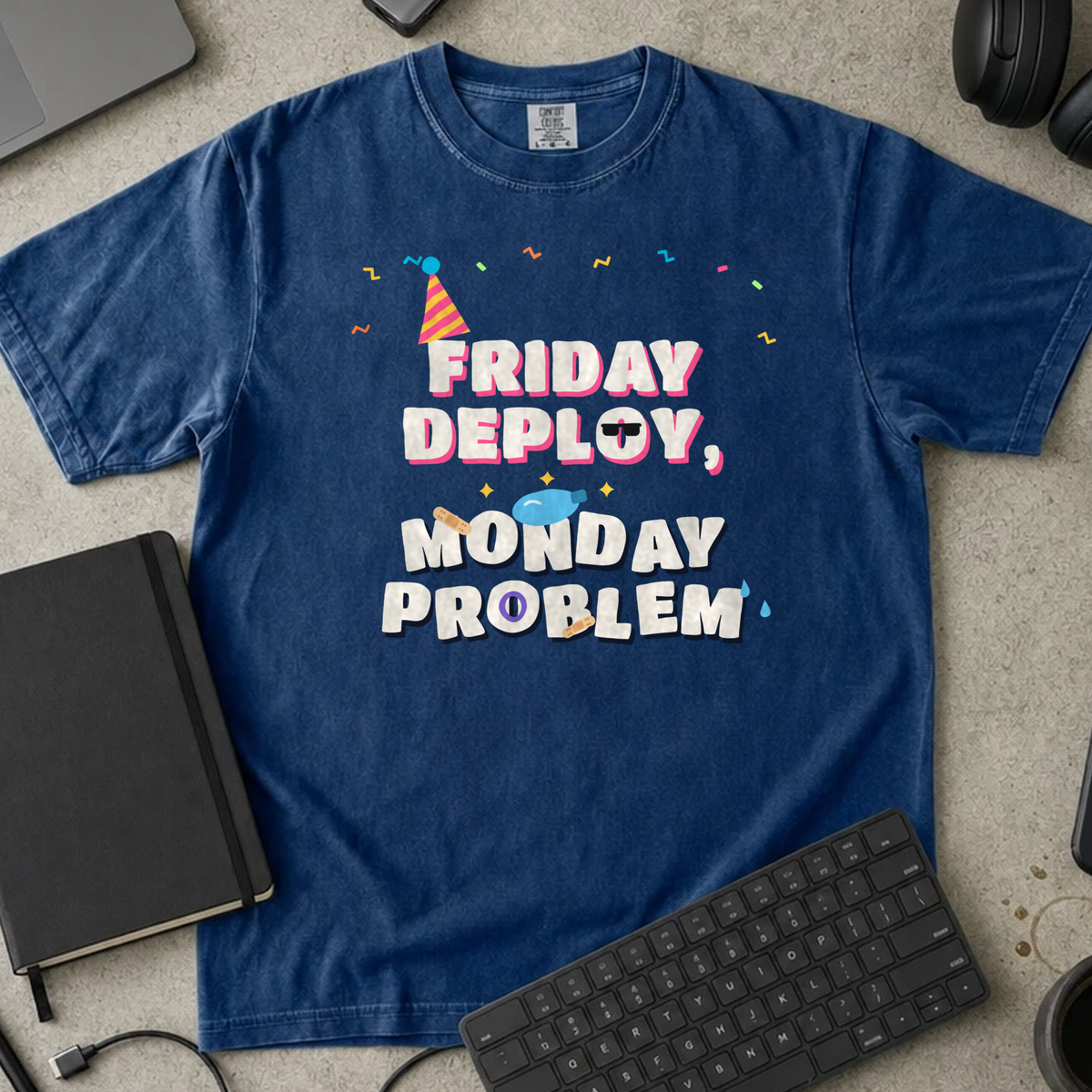 Friday Deploy Monday Problem Shirt — True Navy Comfort Colors 1717 flat lay