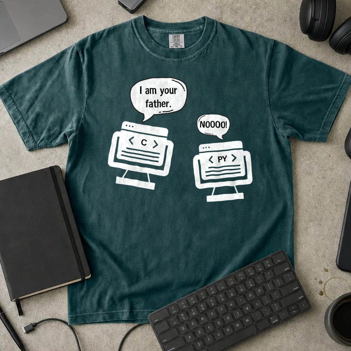 I Am Your Father C and Python Shirt in Blue Spruce, Comfort Colors 1717 tee flat lay