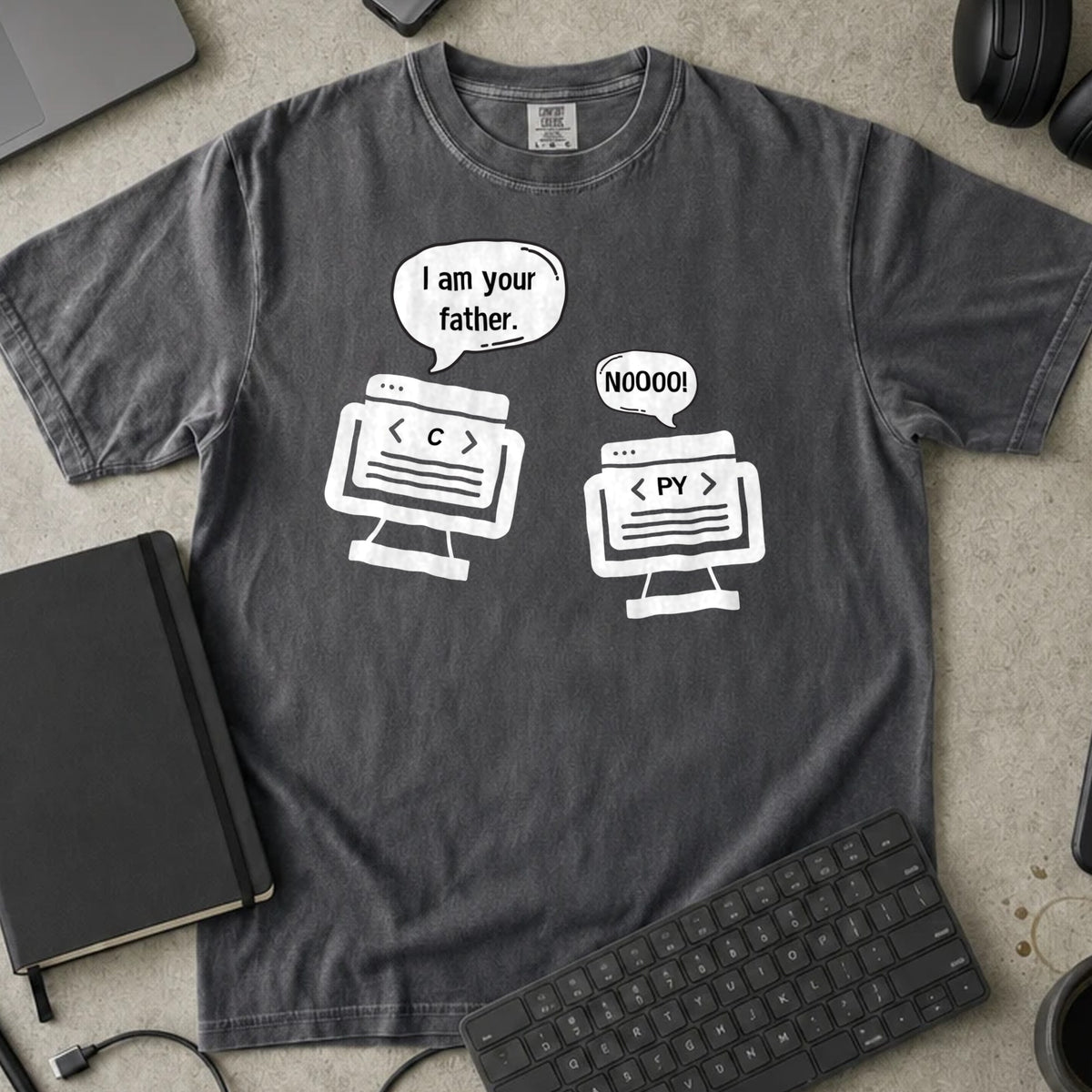 I Am Your Father C and Python Shirt in Pepper, Comfort Colors 1717 tee flat lay