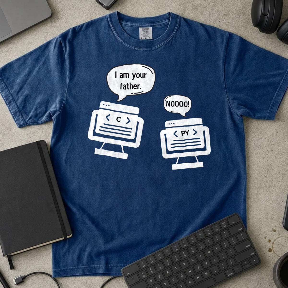I Am Your Father C and Python Shirt in True Navy, Comfort Colors 1717 tee flat lay