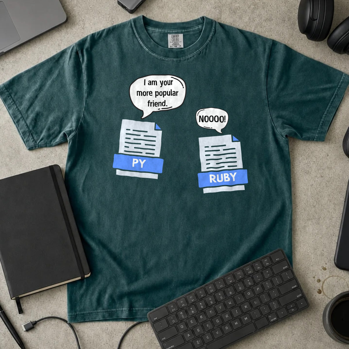 I Am Your More Popular Friend Python Shirt in Blue Spruce, Comfort Colors 1717 tee flat lay