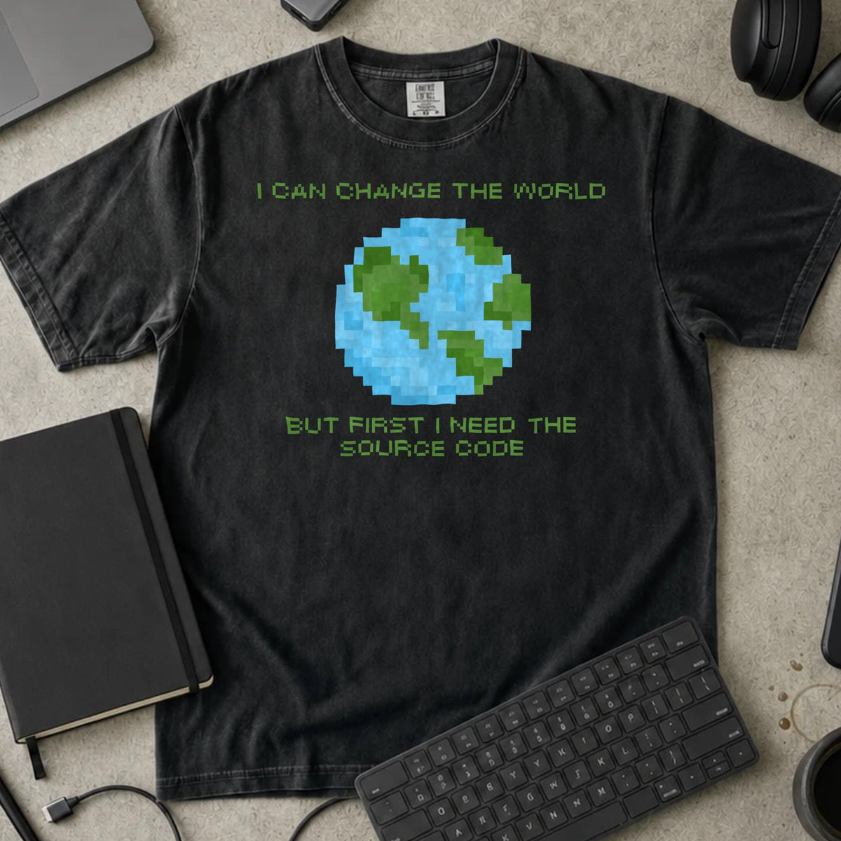 I Can Change the World Source Code Shirt in Black, Comfort Colors 1717 tee flat lay