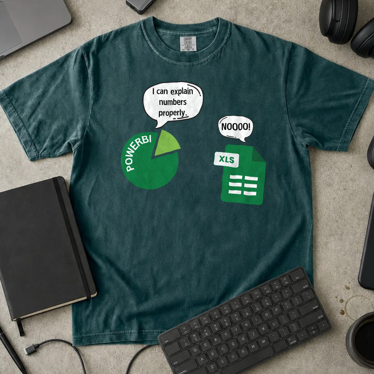 I Can Explain Numbers Power BI Shirt in Blue Spruce, Comfort Colors 1717 tee flat lay