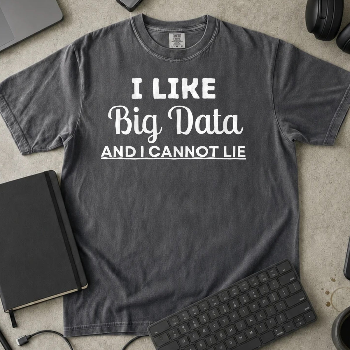 I Like Big Data and I Cannot Lie Shirt in Pepper, Comfort Colors 1717 tee flat lay