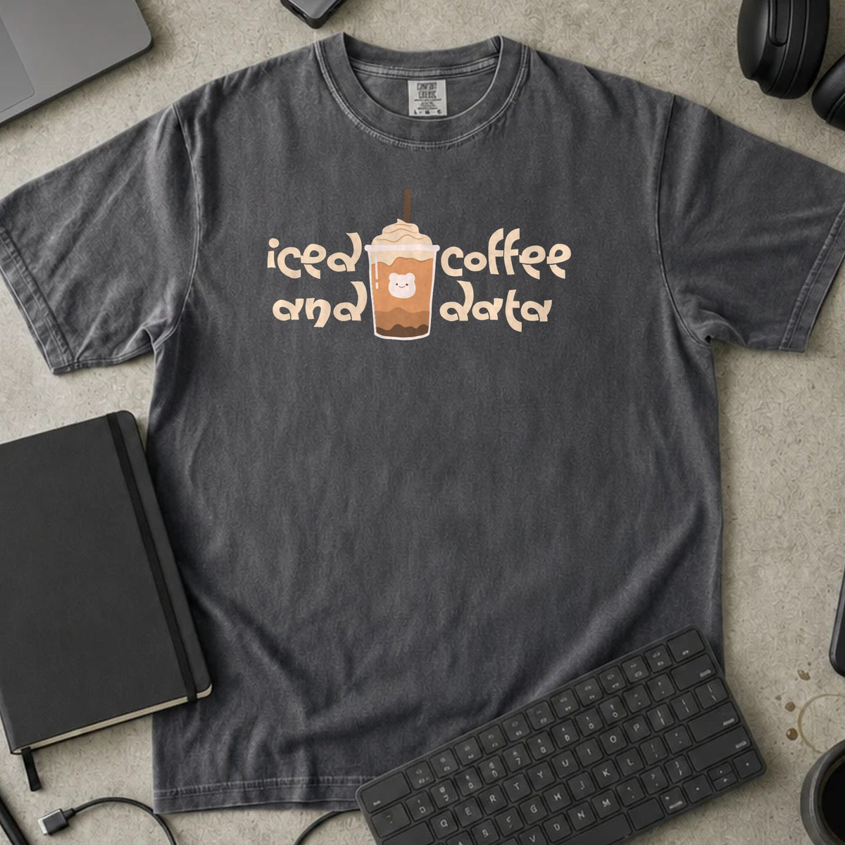 Iced Coffee and Data Retro Shirt in Pepper, Comfort Colors 1717 tee flat lay