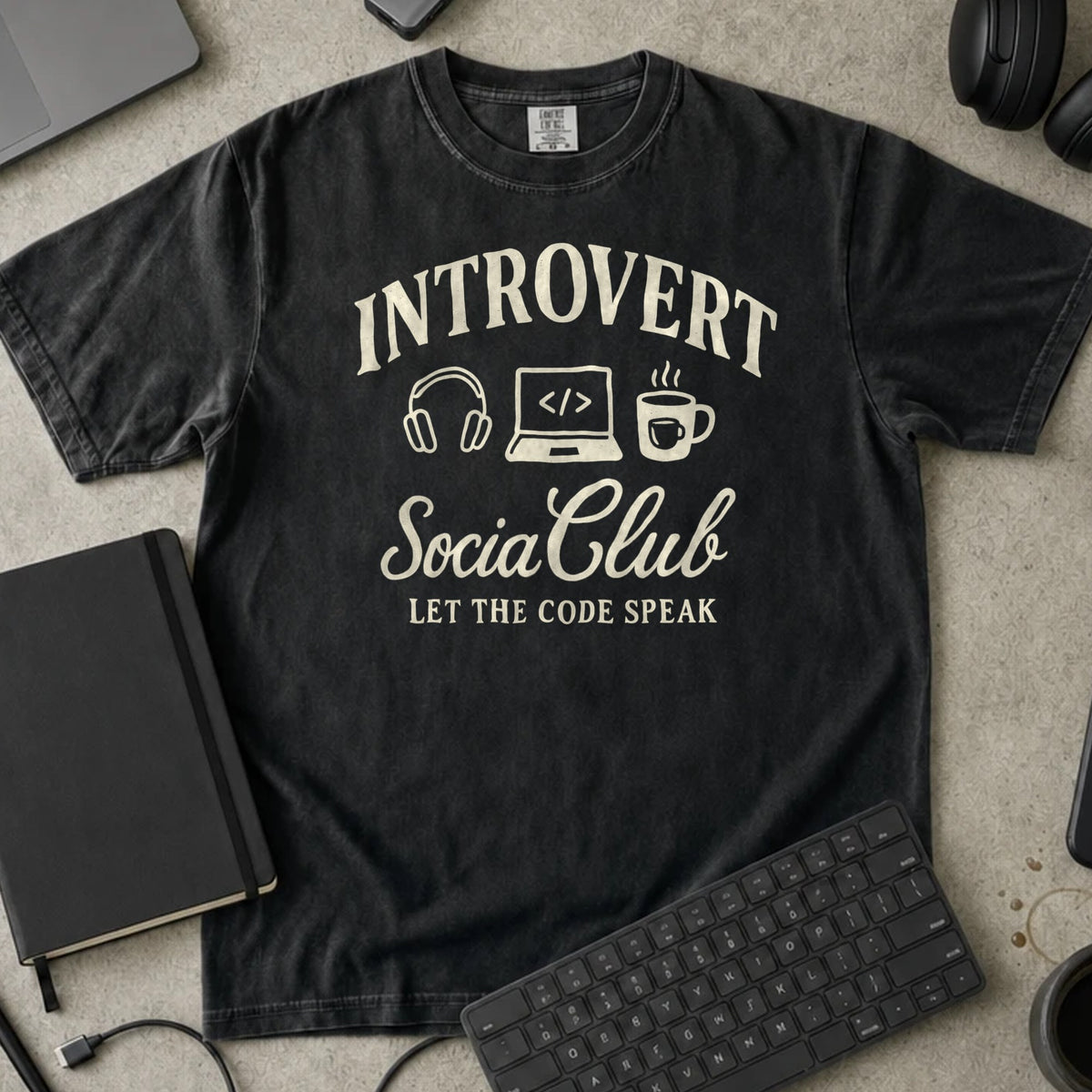 Introvert Social Club Let the Code Speak Shirt in Black, Comfort Colors 1717 tee flat lay