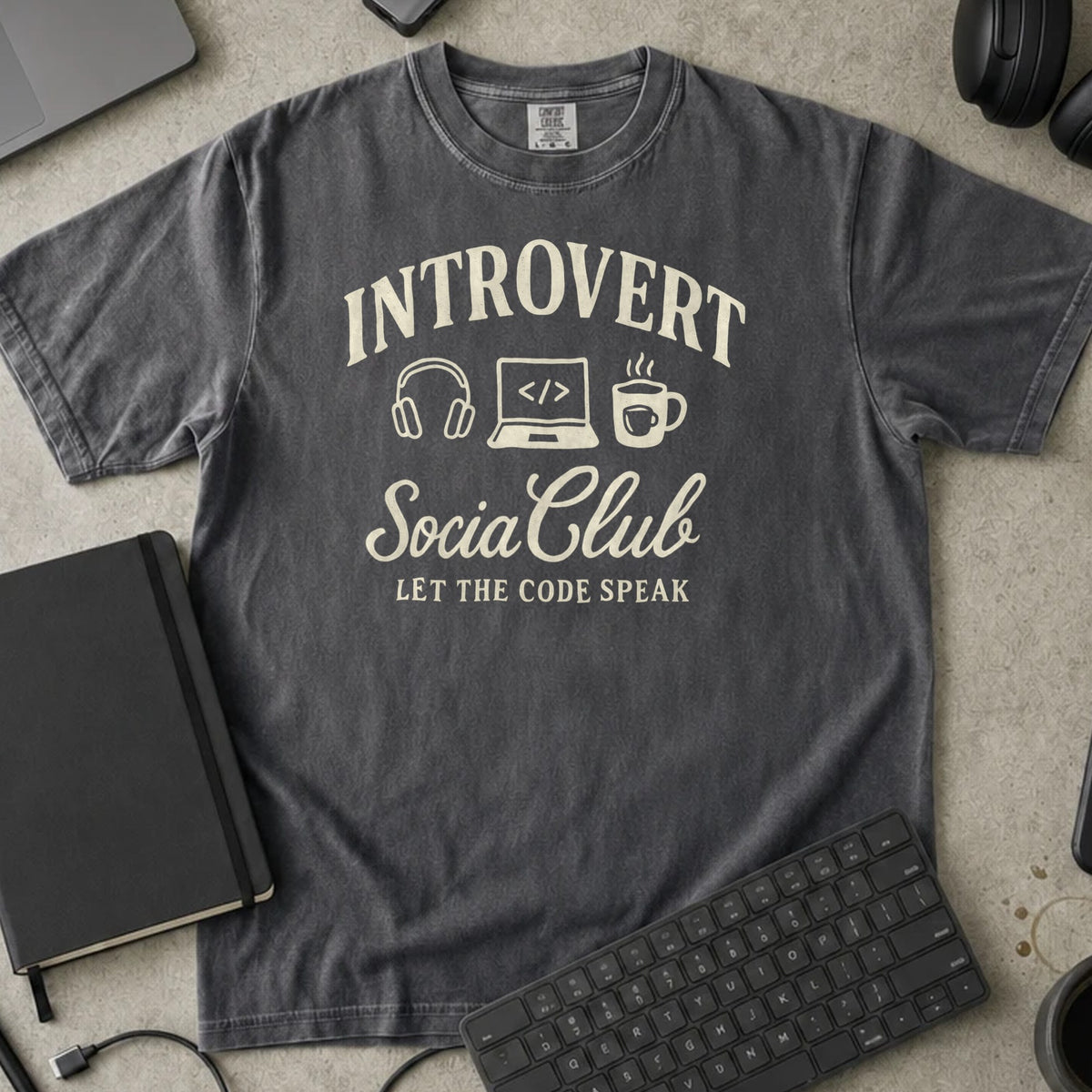 Introvert Social Club Let the Code Speak Shirt in Pepper, Comfort Colors 1717 tee flat lay