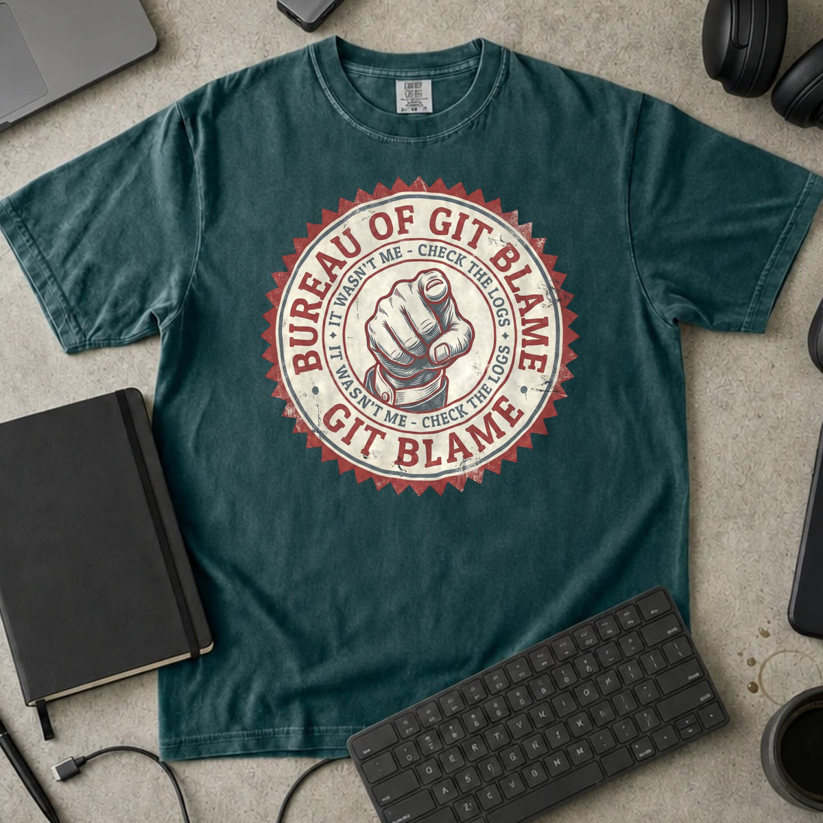 Bureau of Git Blame Shirt in Blue Spruce, Comfort Colors 1717 tee flat lay