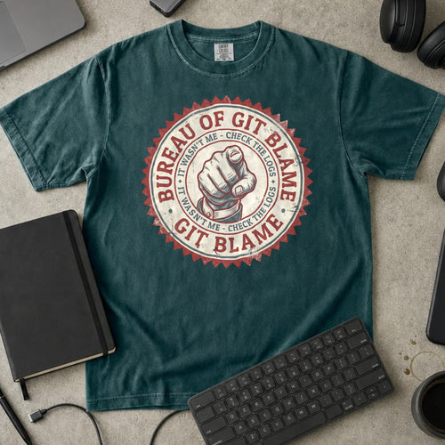 Bureau of Git Blame Shirt in Blue Spruce, Comfort Colors 1717 tee flat lay