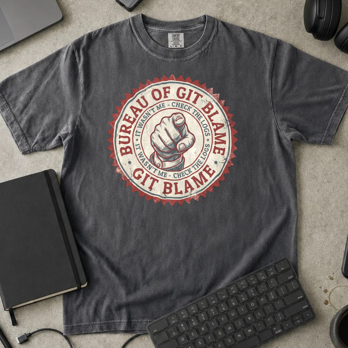 Bureau of Git Blame Shirt in Pepper, Comfort Colors 1717 tee flat lay