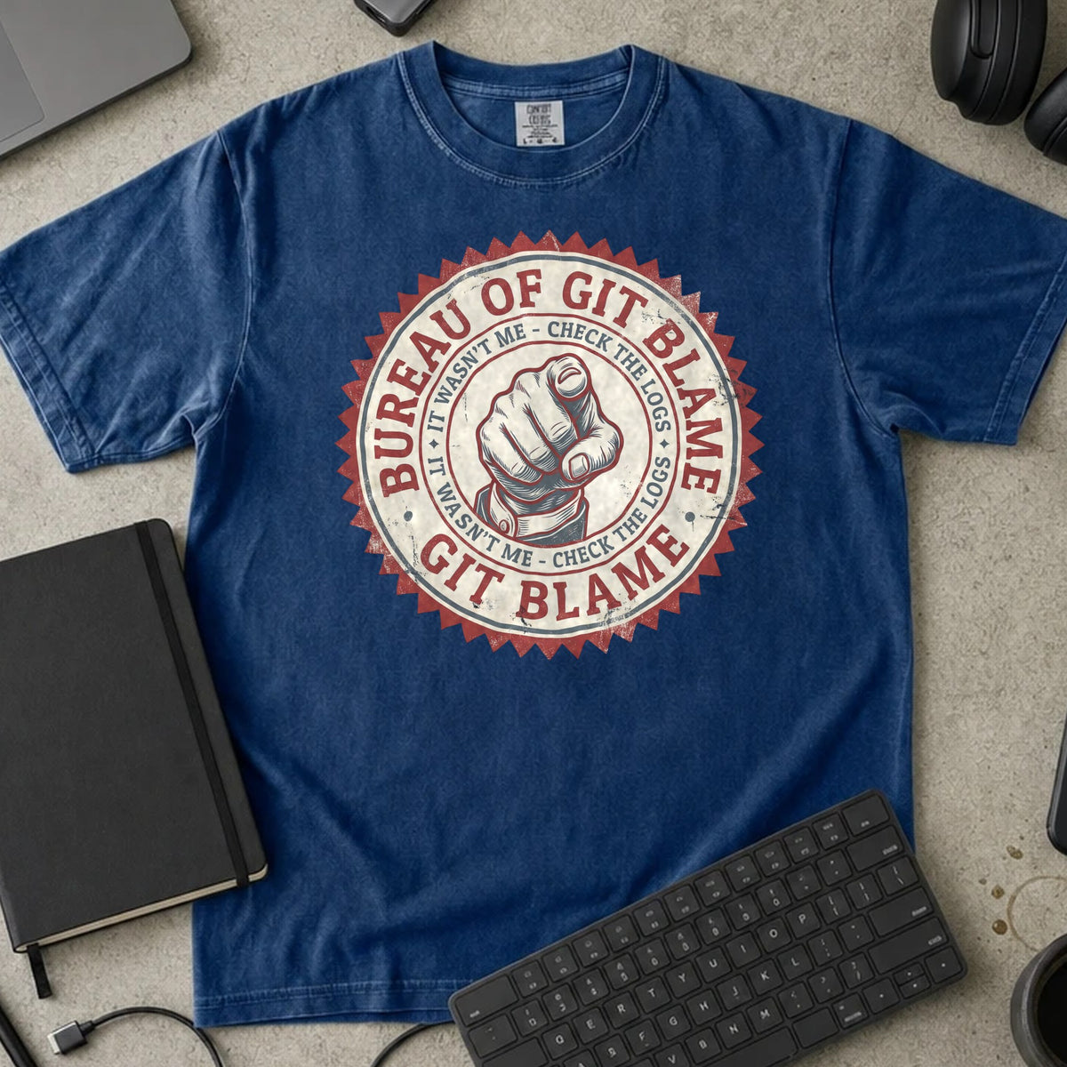 Bureau of Git Blame Shirt in True Navy, Comfort Colors 1717 tee flat lay