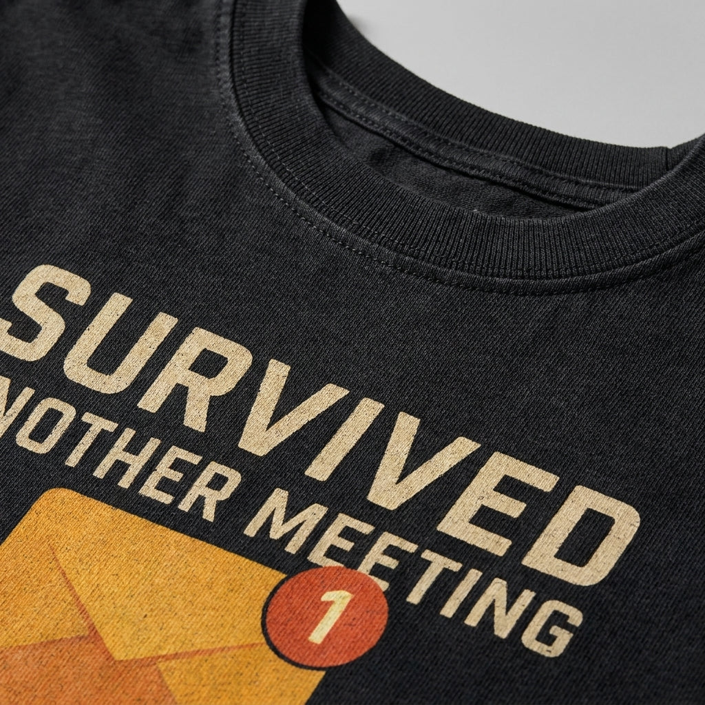 survived another meeting Premium Shirt — 100% Ringspun Cotton Macro Detail
