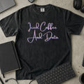 Iced Coffee and Data Script Shirt in Black, Comfort Colors 1717 tee flat lay
