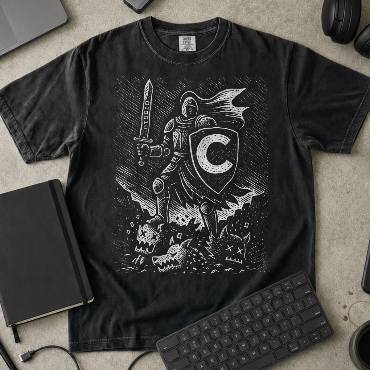 C Knight Shirt in Black, Comfort Colors 1717 tee flat lay