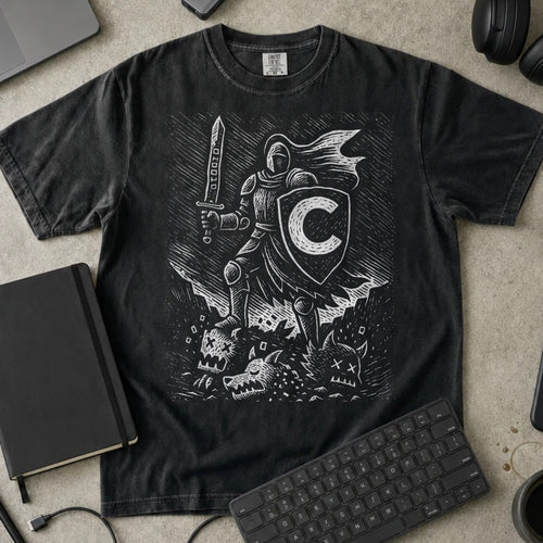 C Knight Shirt in Black, Comfort Colors 1717 tee flat lay