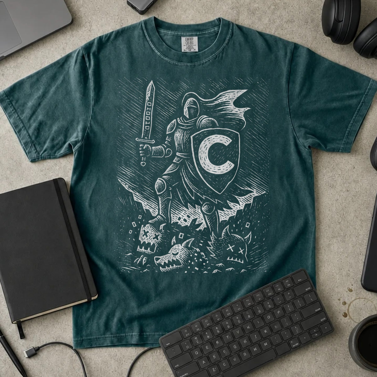 C Knight Shirt in Blue Spruce, Comfort Colors 1717 tee flat lay