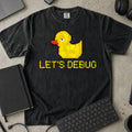 Let's Debug Pixel Duck Shirt in Black, Comfort Colors 1717 tee flat lay
