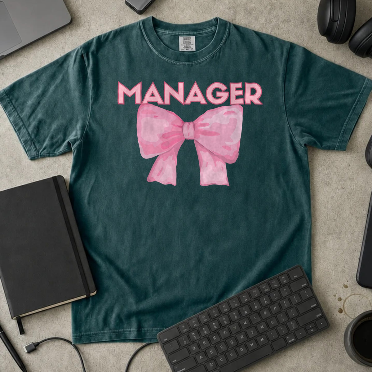 Manager Bow Shirt in Blue Spruce, Comfort Colors 1717 tee flat lay