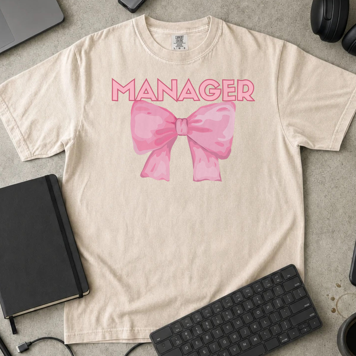 Manager Bow Shirt in Ivory, Comfort Colors 1717 tee flat lay
