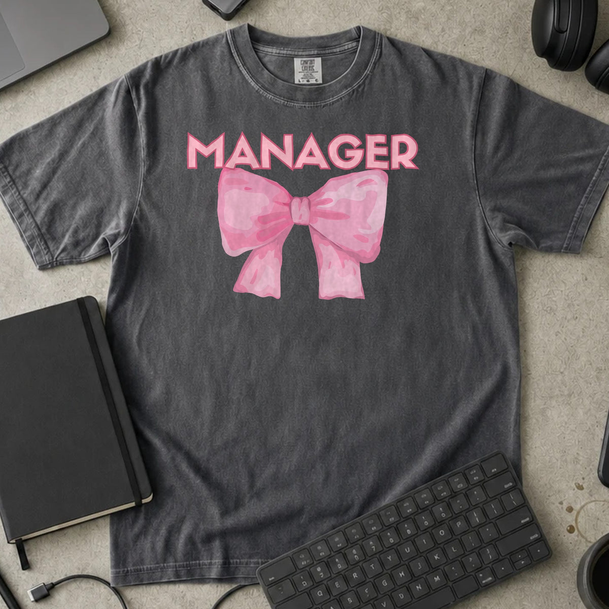 Manager Bow Shirt in Pepper, Comfort Colors 1717 tee flat lay