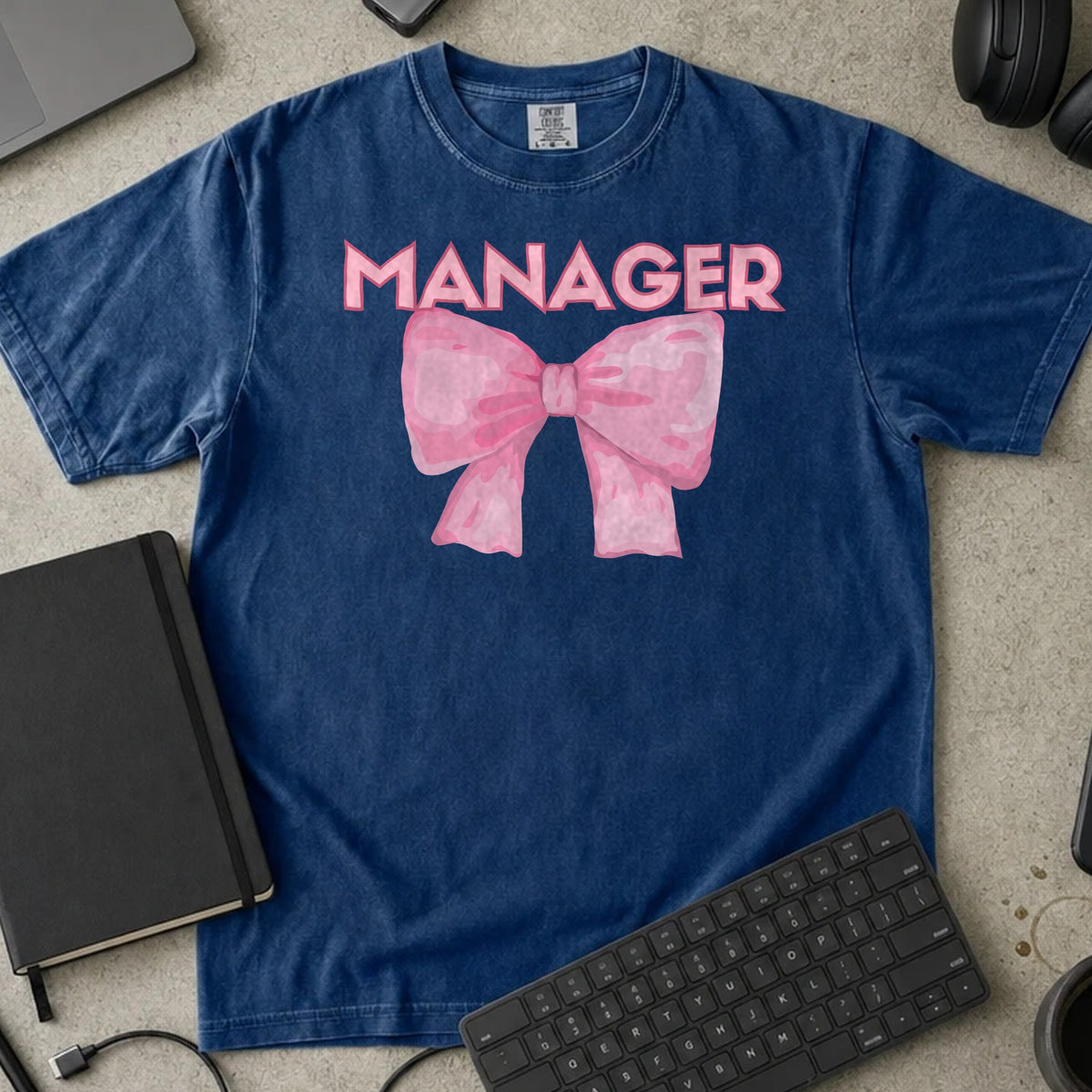 Manager Bow Shirt in True Navy, Comfort Colors 1717 tee flat lay