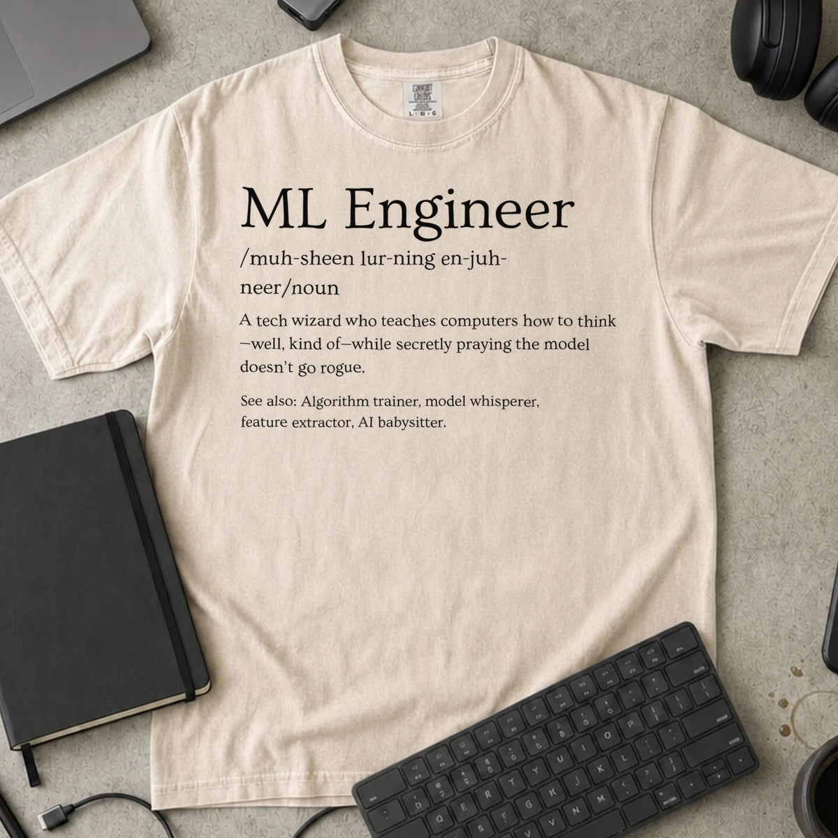 ML Engineer Definition Shirt in Ivory, Comfort Colors 1717 tee flat lay