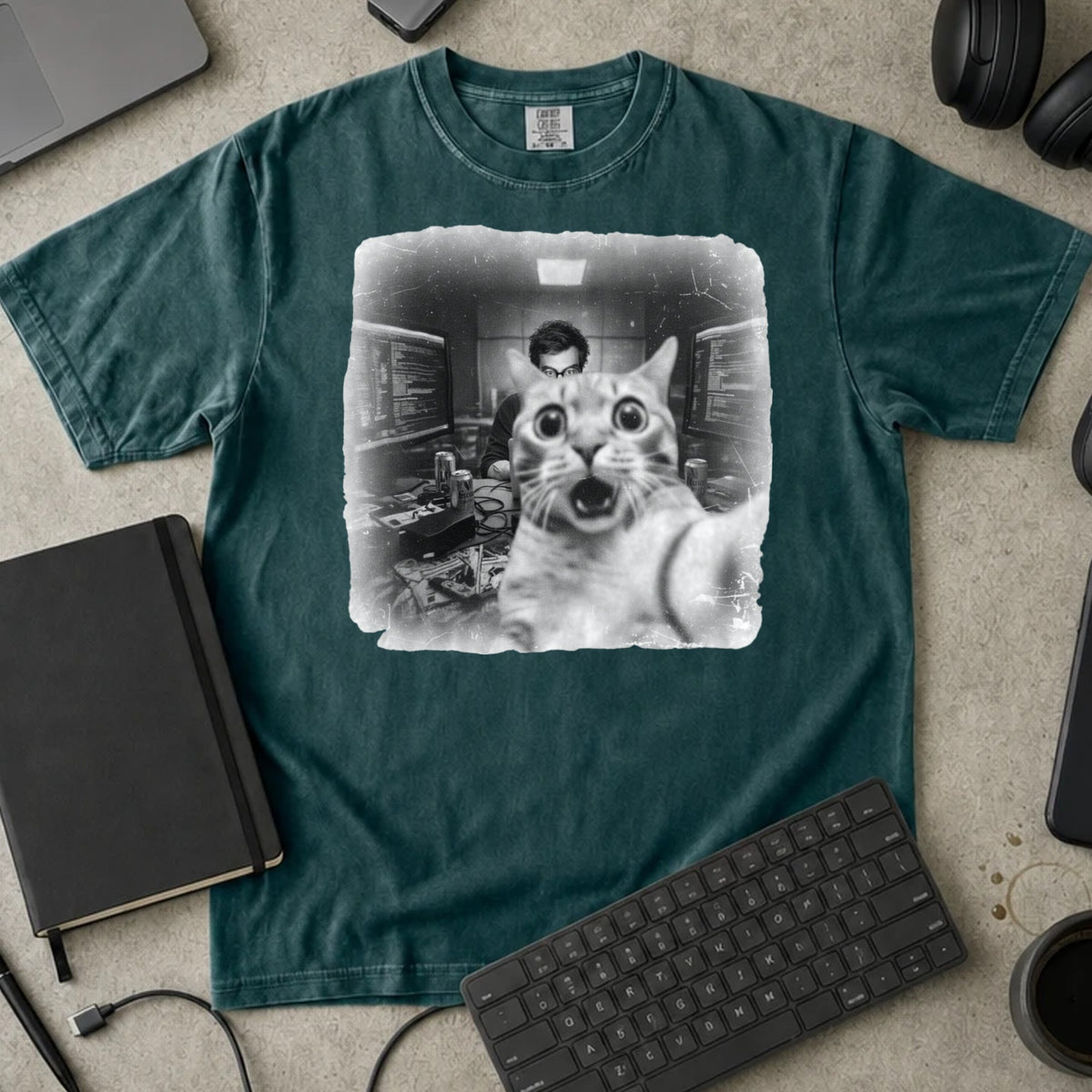 Shocked Cat Server Room Selfie Shirt in Blue Spruce, Comfort Colors 1717 tee flat lay