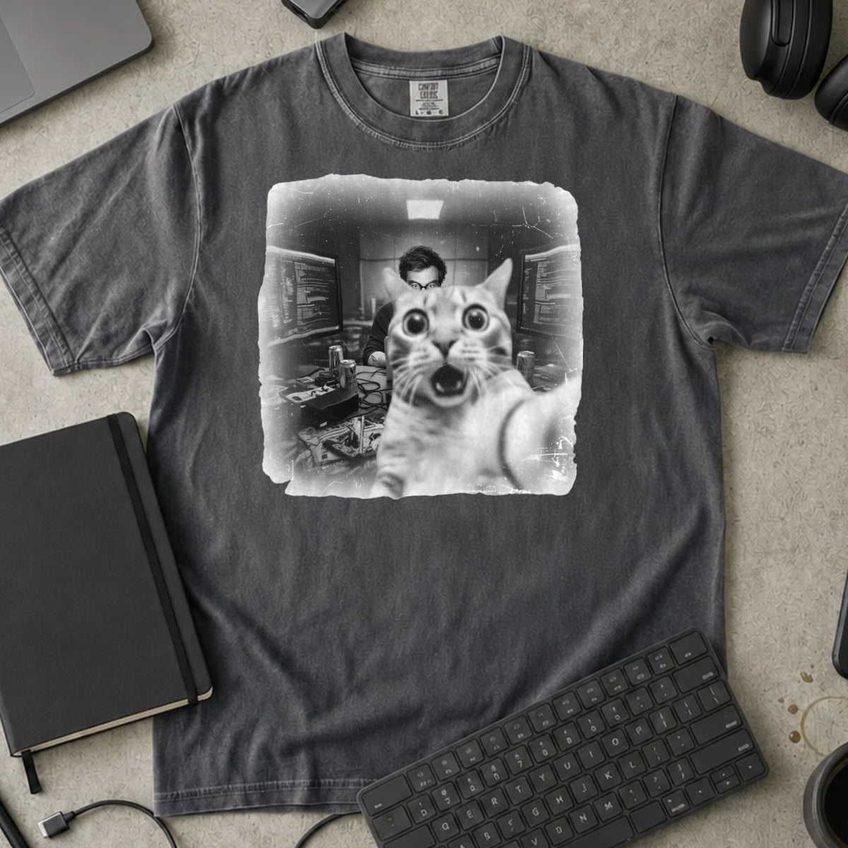 Shocked Cat Server Room Selfie Shirt in Pepper, Comfort Colors 1717 tee flat lay