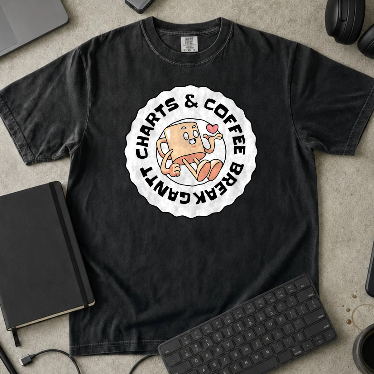 Charts and Coffee Break Shirt in Black, Comfort Colors 1717 tee flat lay