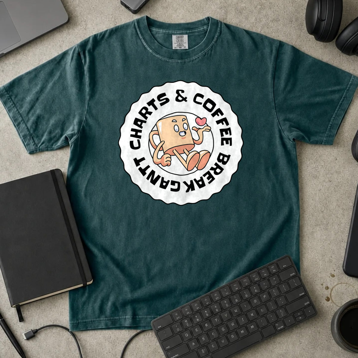 Charts and Coffee Break Shirt in Blue Spruce, Comfort Colors 1717 tee flat lay