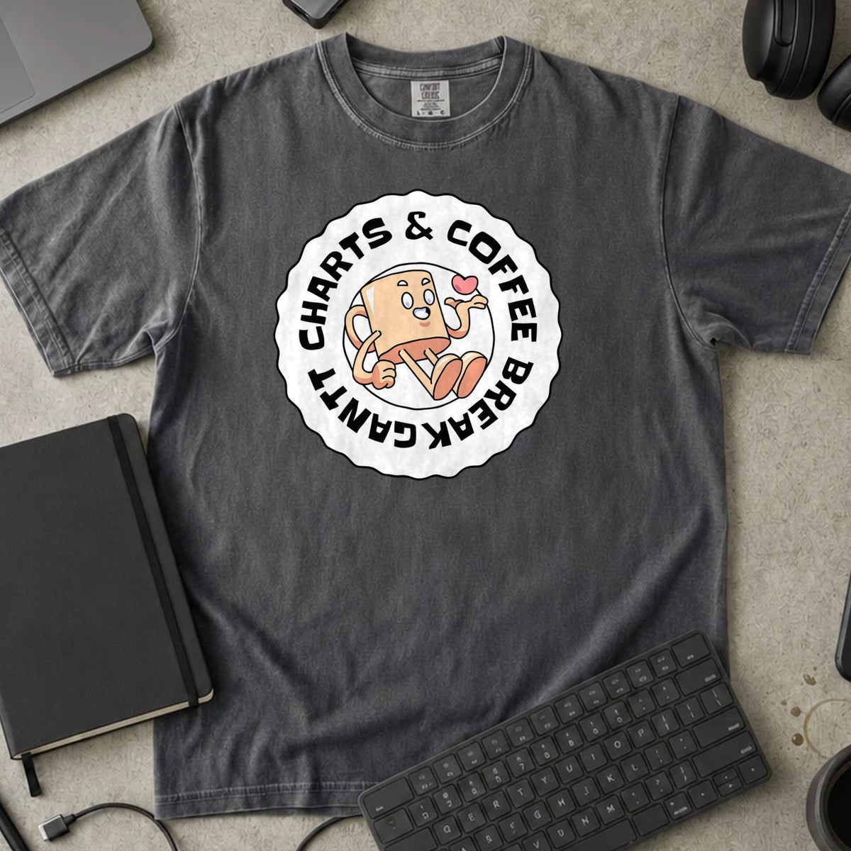 Charts and Coffee Break Shirt in Pepper, Comfort Colors 1717 tee flat lay