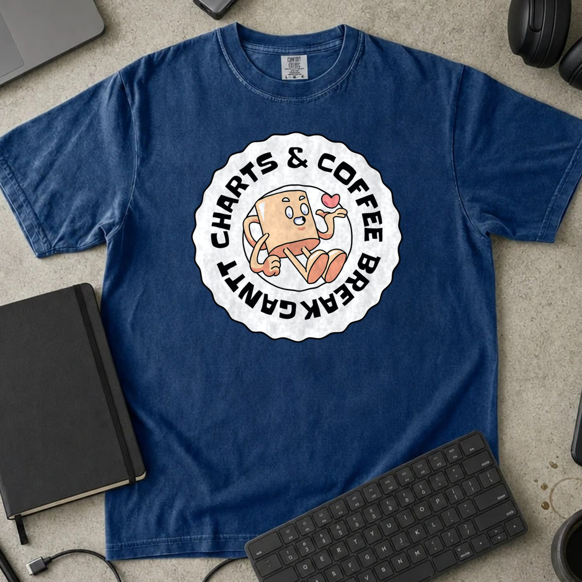 Charts and Coffee Break Shirt in True Navy, Comfort Colors 1717 tee flat lay
