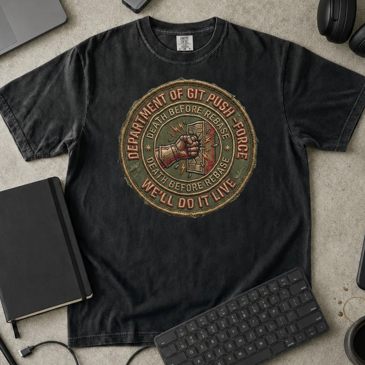 Department of Git Push Force Shirt in Black, Comfort Colors 1717 tee flat lay