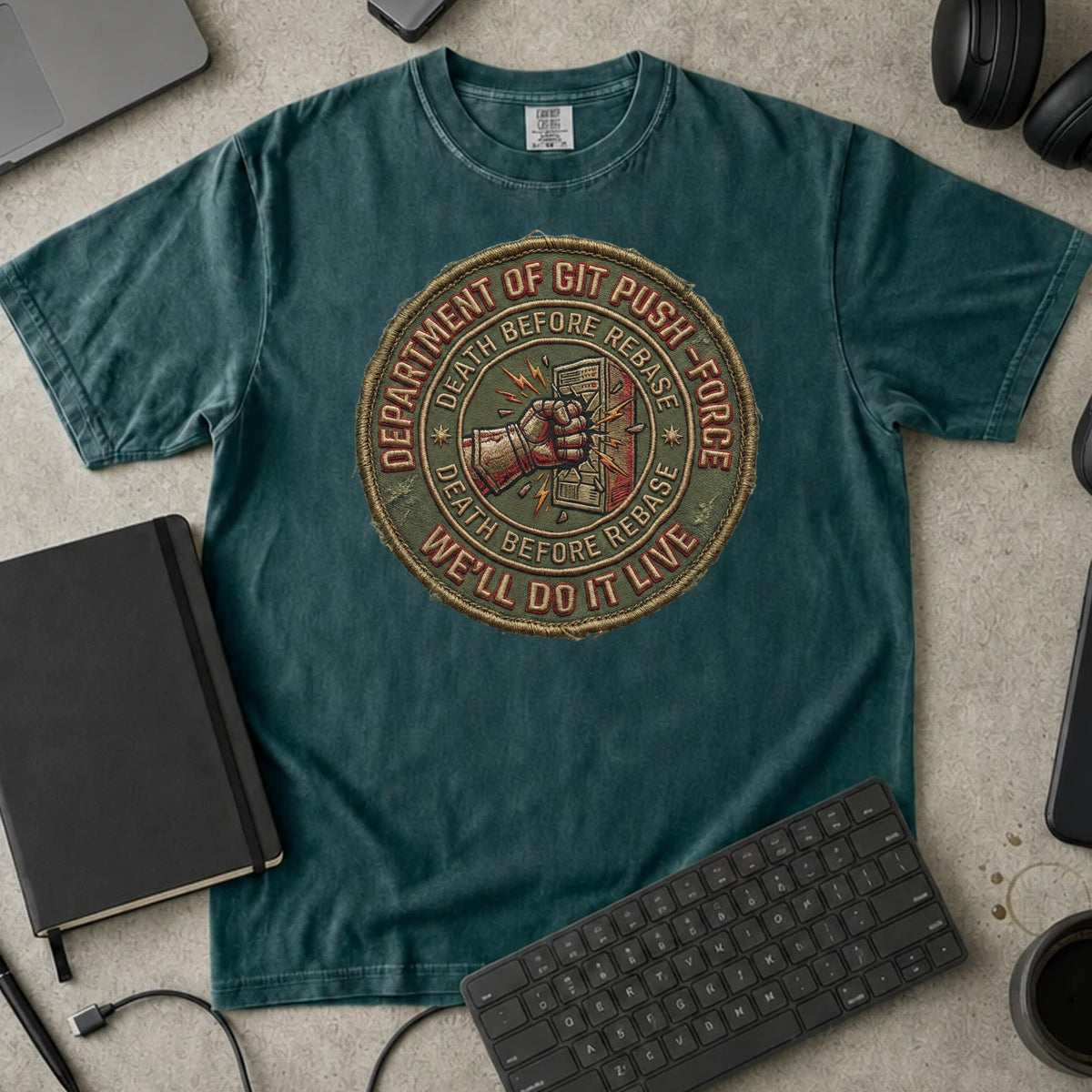 Department of Git Push Force Shirt in Blue Spruce, Comfort Colors 1717 tee flat lay