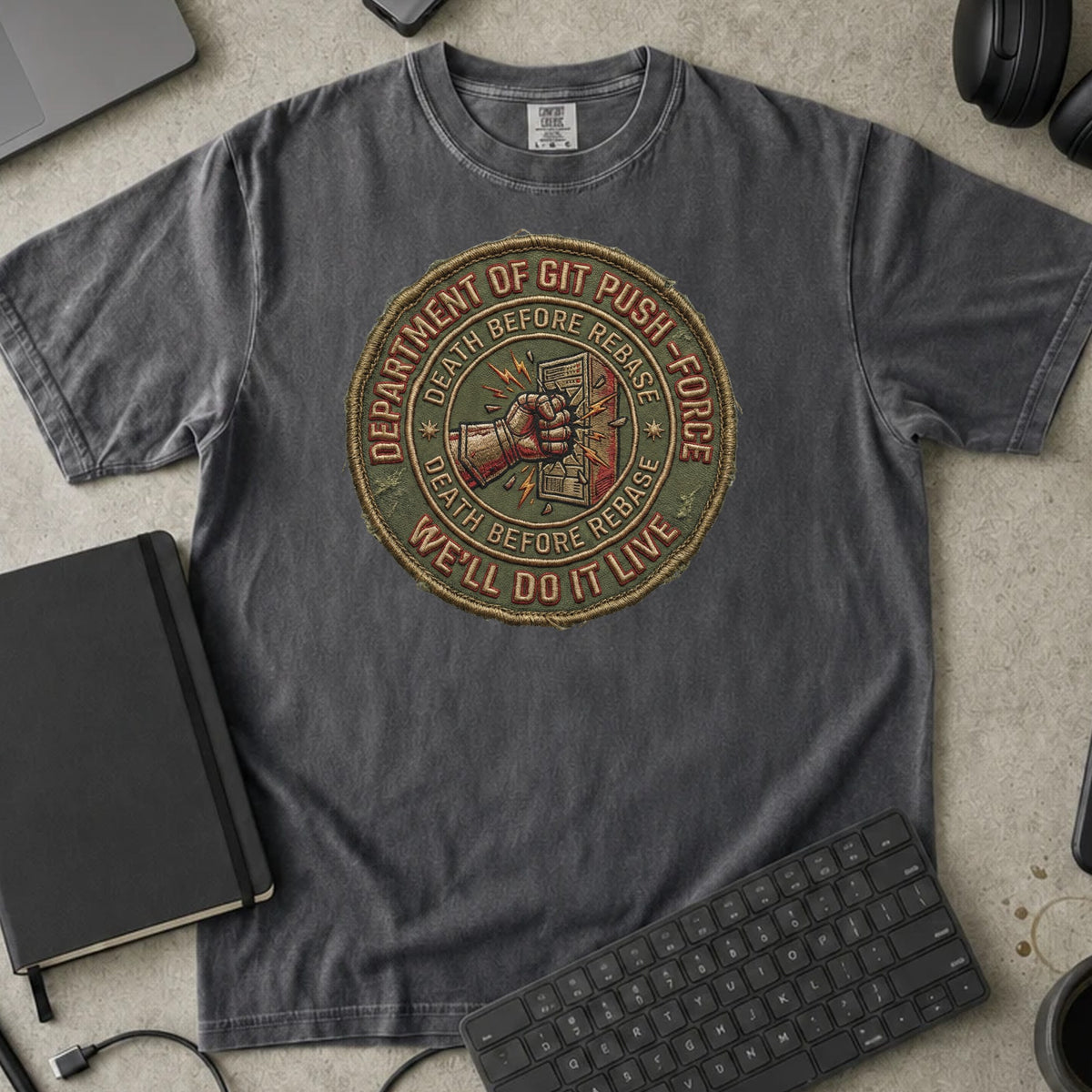 Department of Git Push Force Shirt in Pepper, Comfort Colors 1717 tee flat lay
