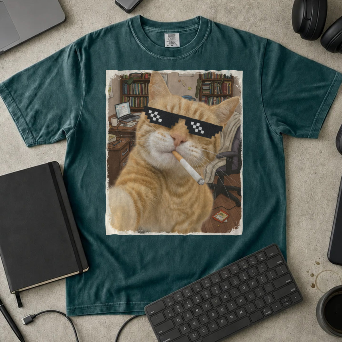 Cool Cat Developer Shirt in Blue Spruce, Comfort Colors 1717 tee flat lay