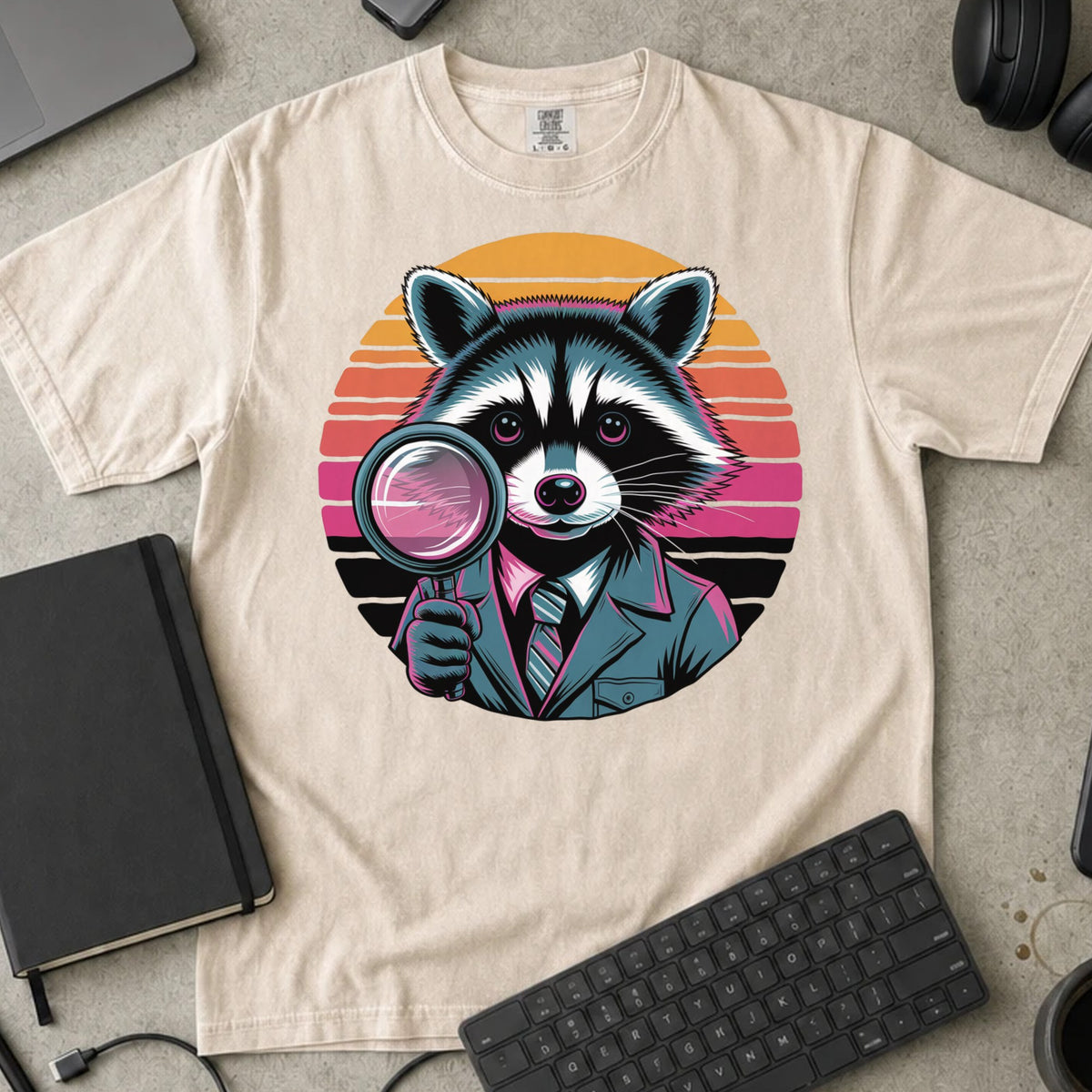 Detective Raccoon Debugger Shirt in Ivory, Comfort Colors 1717 tee flat lay