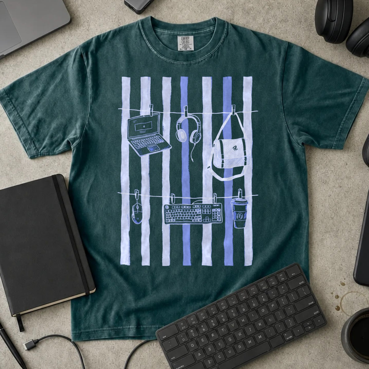 Developer Essentials Laundry Line Shirt in Blue Spruce, Comfort Colors 1717 tee flat lay